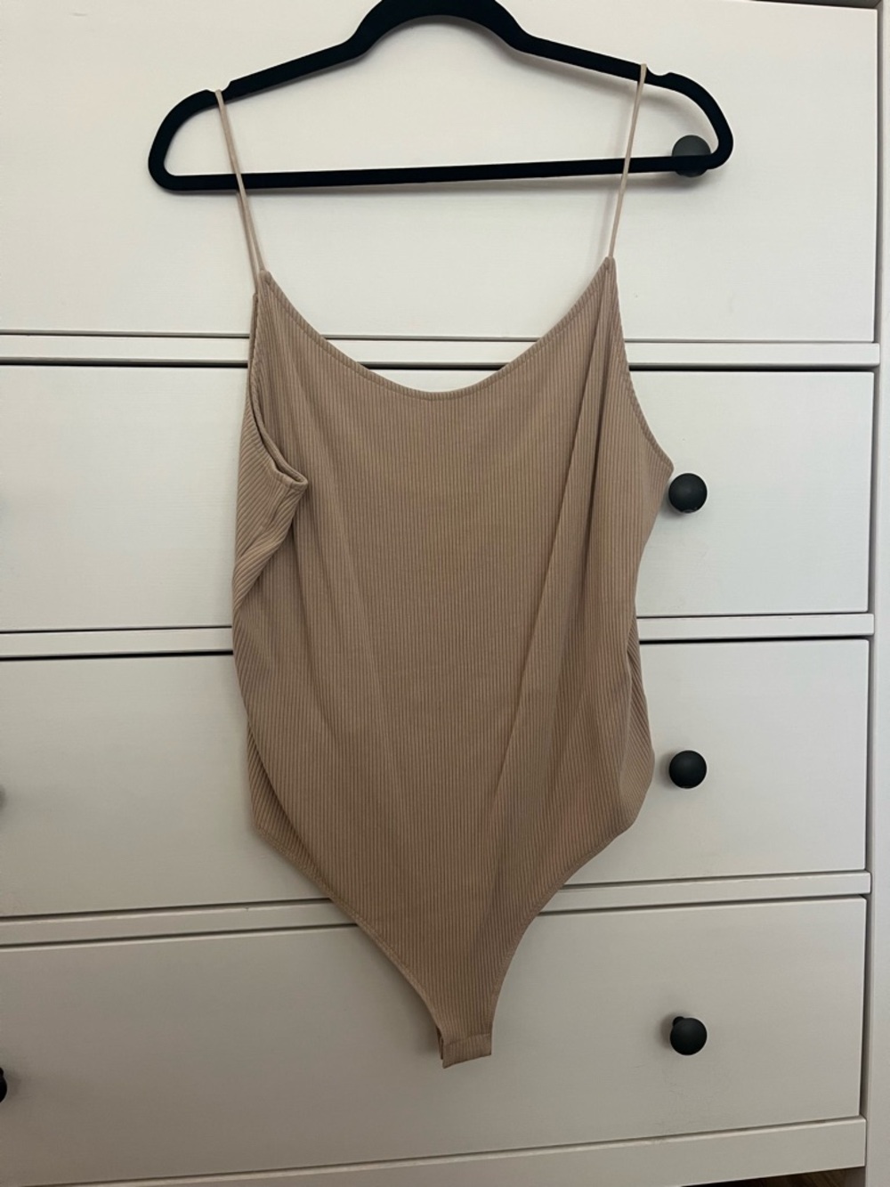 H&M Ribbed Spaghetti Strap Bodysuit in Light Taupe